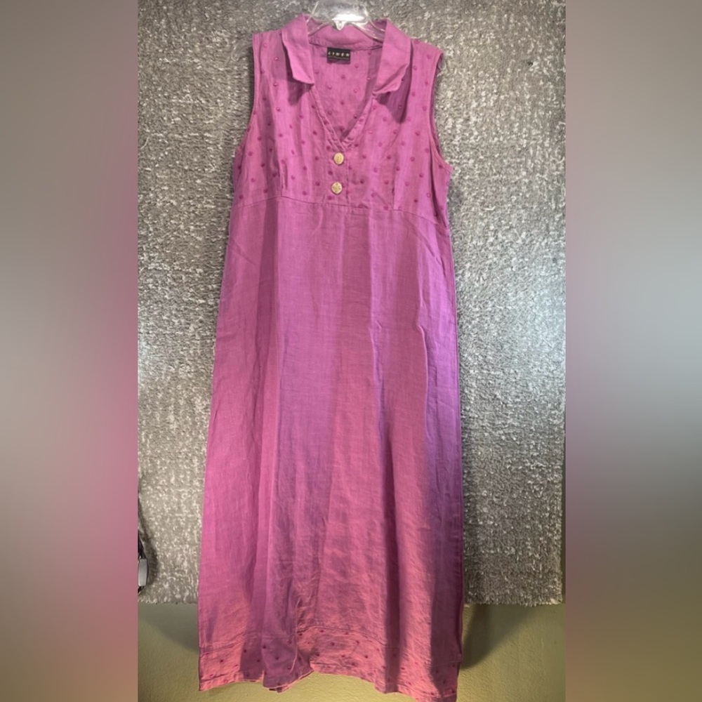 Maxi Linen Polo Dress M Pink Embroidered Coastal Vacation USA Made By Liz & Jane